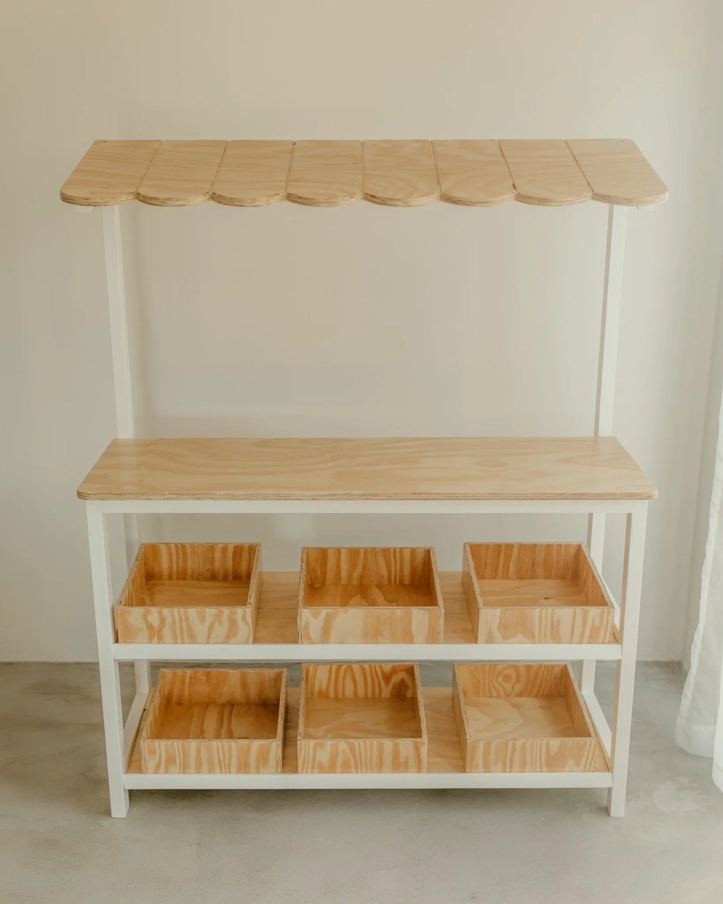 Wooden kids play shop with canopy and six removable bins, front view -handcrafted in South Africa.