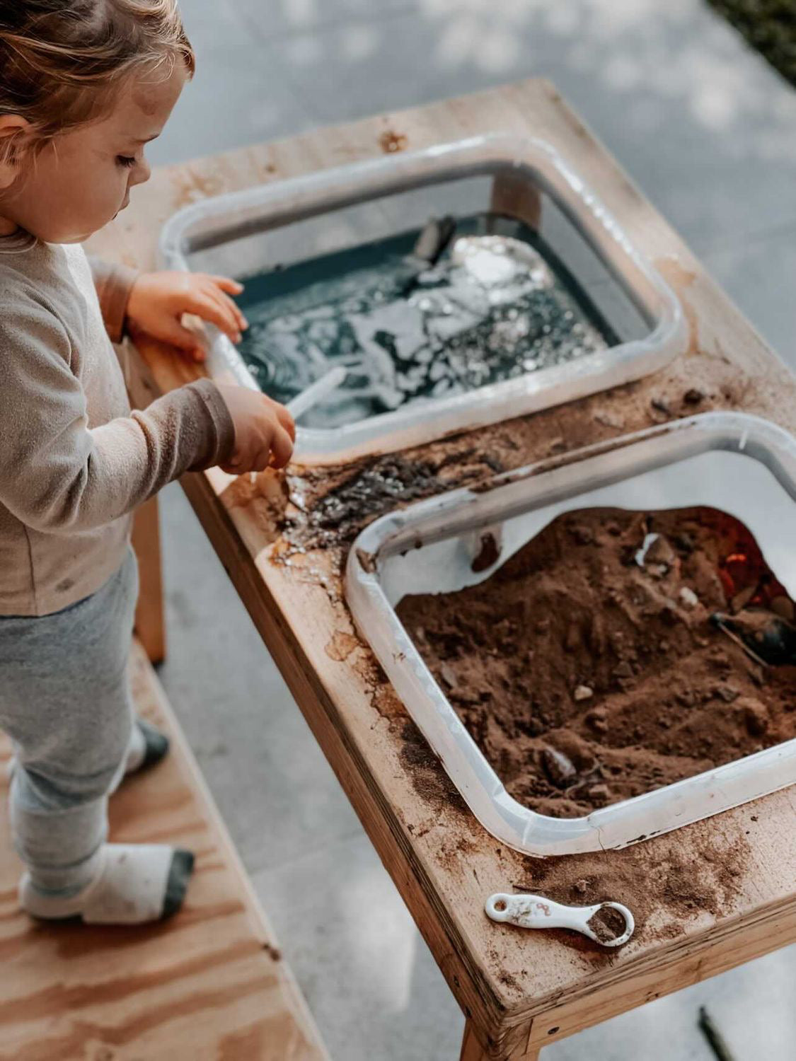 Wooden Sensory Table and Lid with mud and water messy play