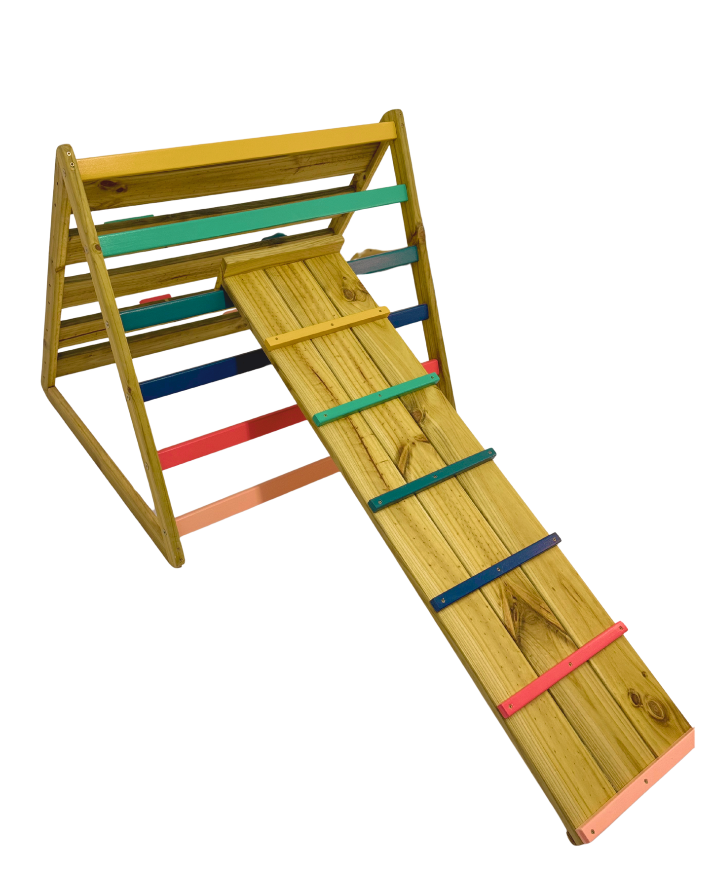 Front view of outdoor Pikler triangle showing evenly spaced coloured wooden rungs and treated pine frame for outdoor climbing play