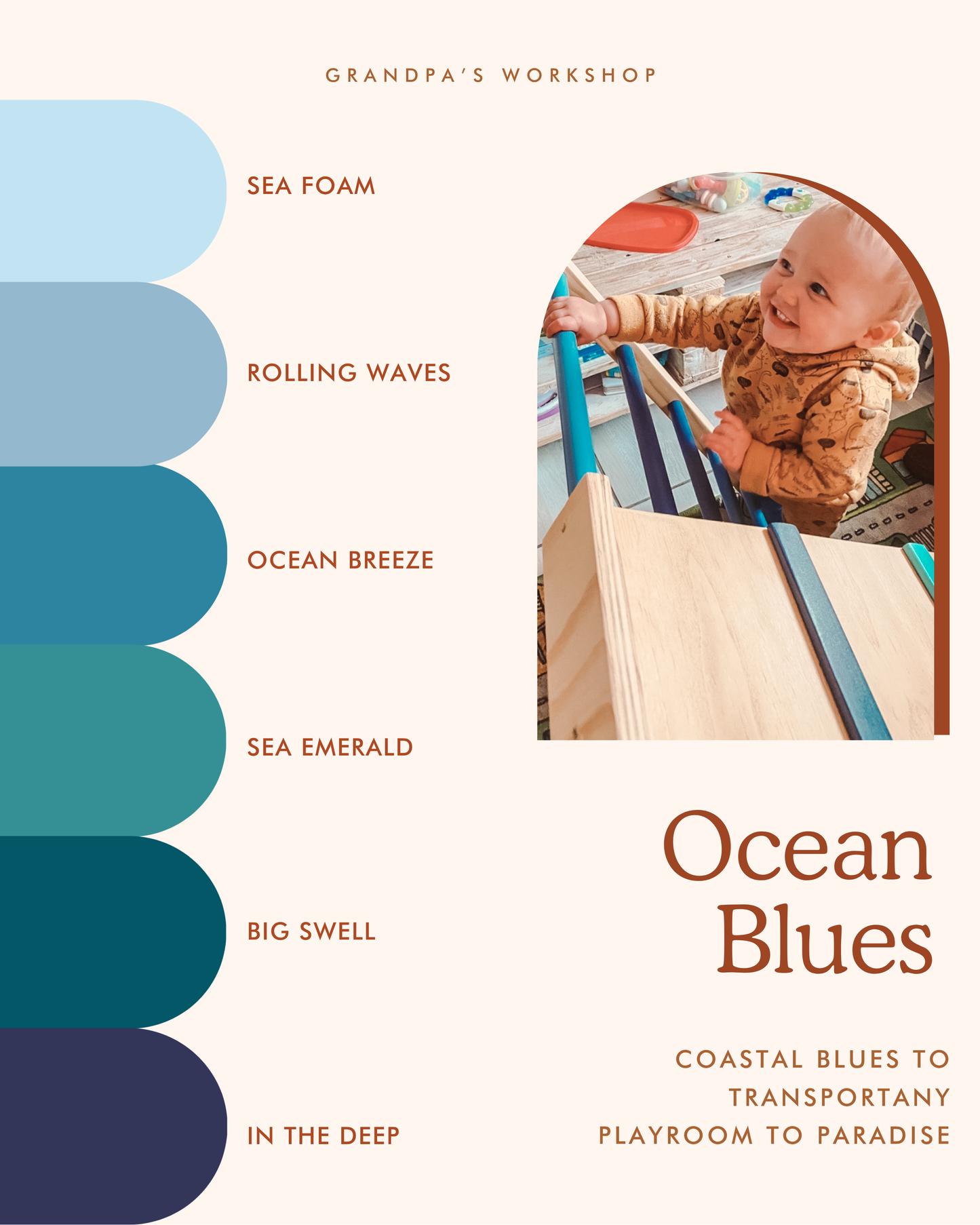 Grandpa's Workshop Ocean Blues colour palette for wooden kids' furniture, featuring Sea Foam, Rolling Waves, Ocean Breeze, Sea Emerald, Big Swell and In the Deep.