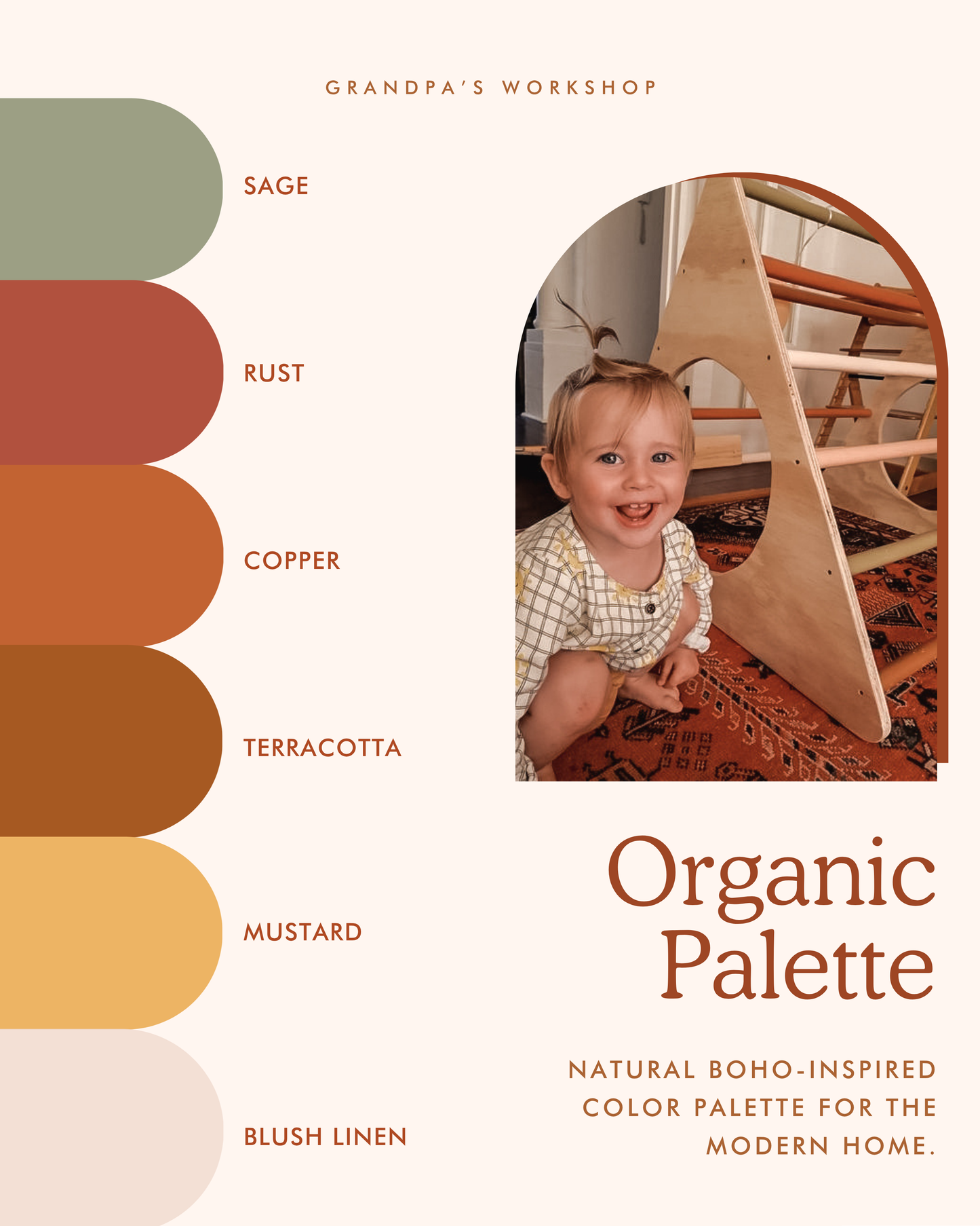 Grandpa's Workshop Organic colour palette for wooden kids' furniture, featuring Sage, Rust, Copper, Terracotta, Mustard and Blush Linen.