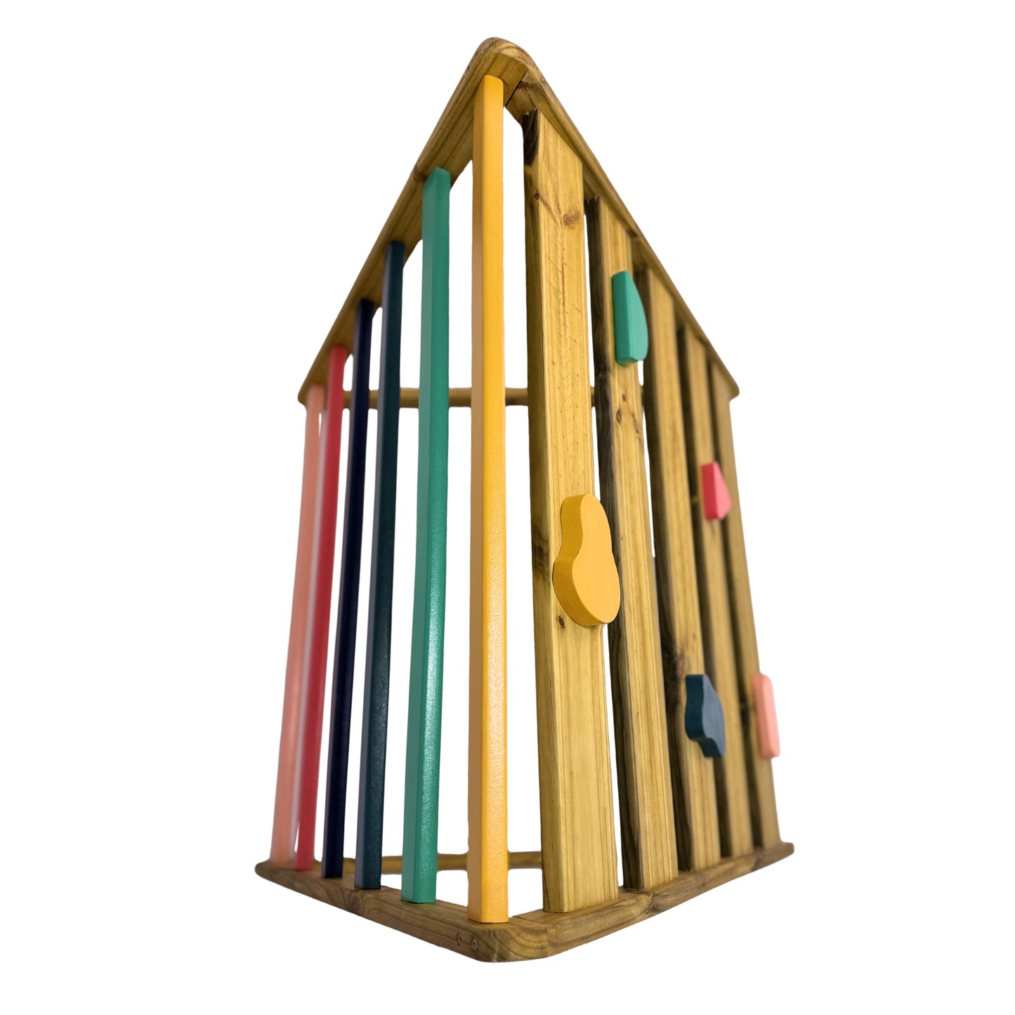 Side view of outdoor Pikler triangle showing vertical coloured wooden rungs and climbing holds on a treated pine frame