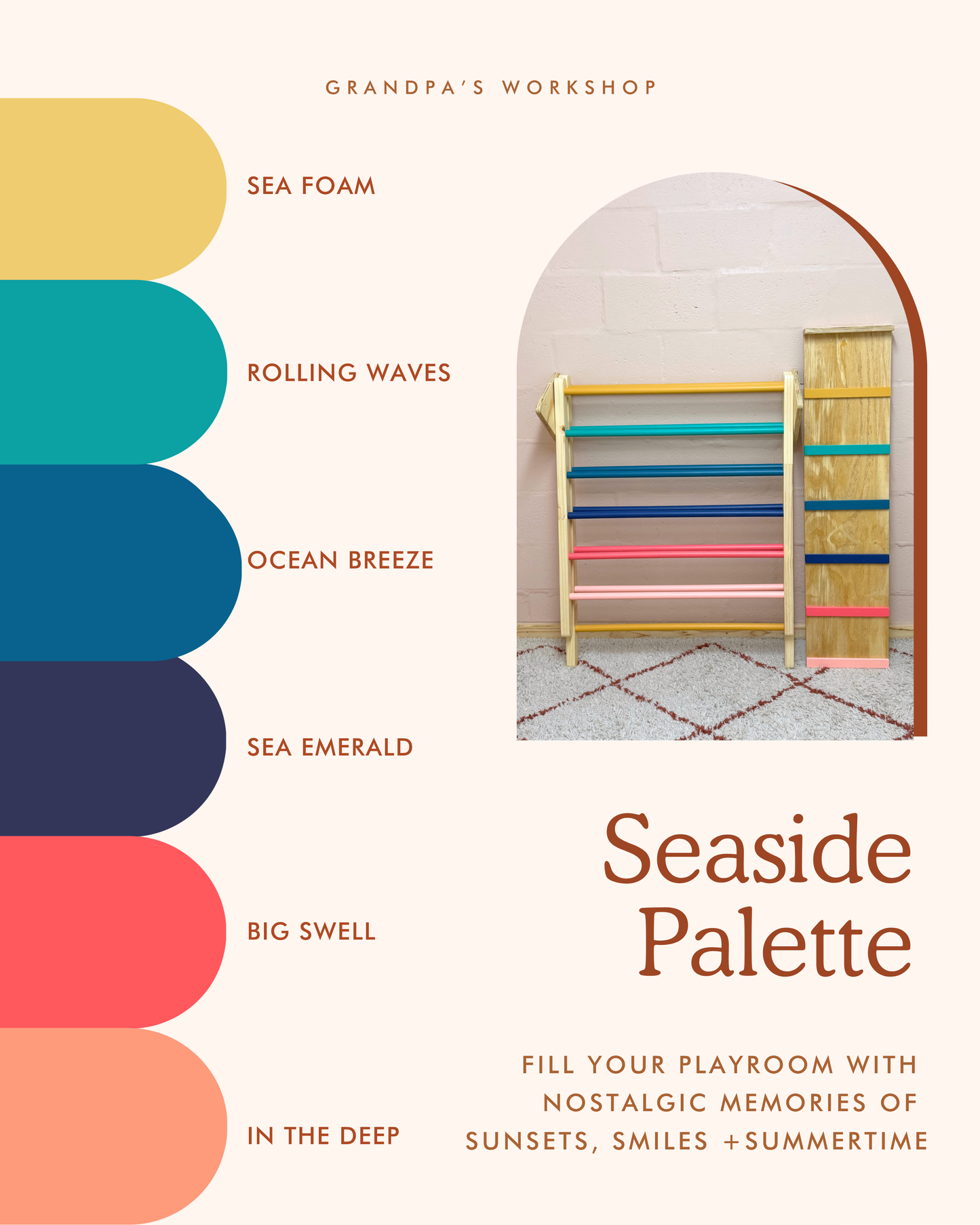 Grandpa's Workshop Seaside colour palette for wooden play furniture, featuring Sea Foam, Rolling Waves, Ocean Breeze, Sea Emerald, Big Swell and In the Deep.