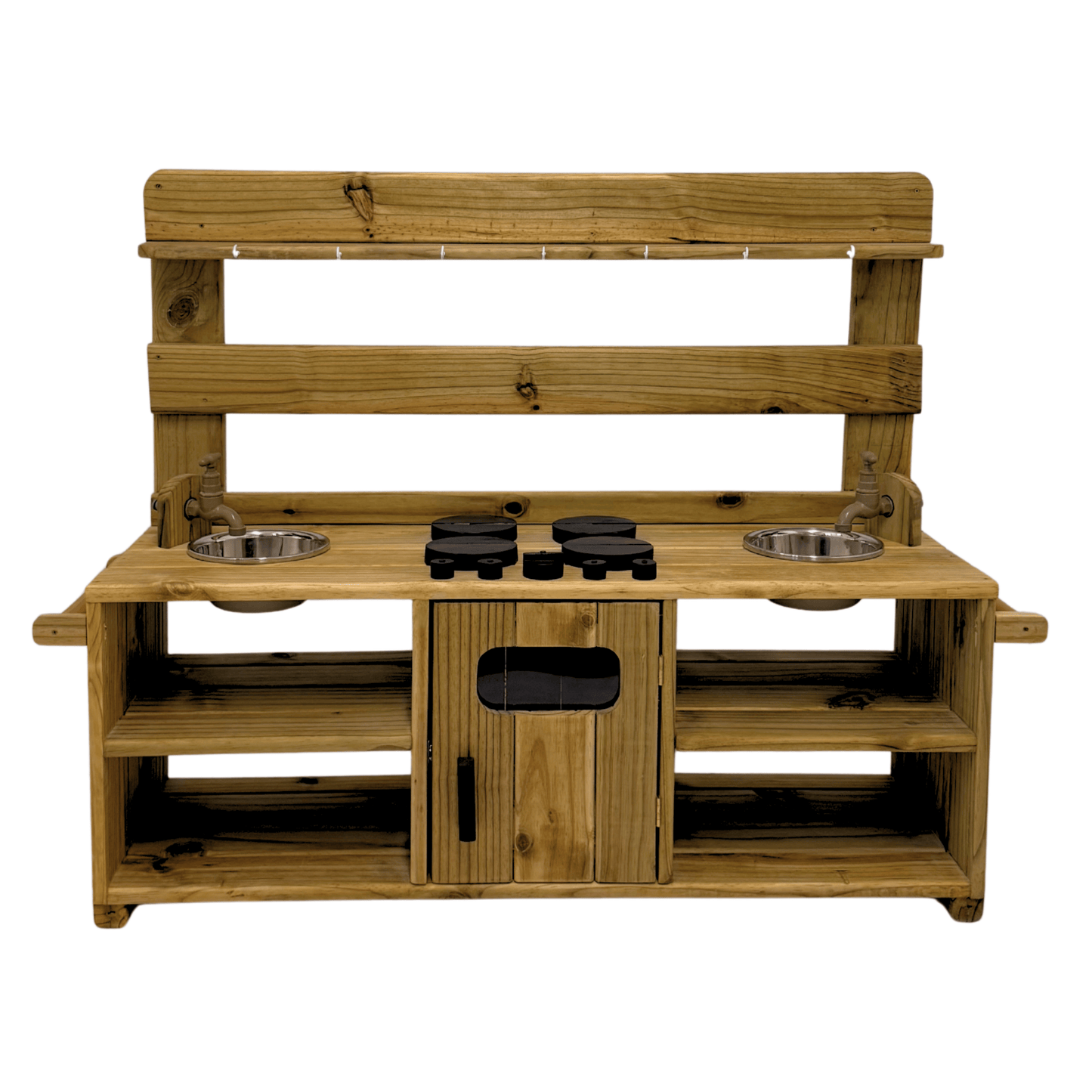Double Mud Kitchen handcrafted in South Africa – front view showing twin sinks, taps, and shelves for outdoor play.