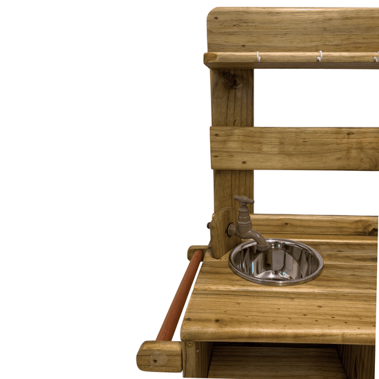 Left-hand sink section of the Double Mud Kitchen with hanging hooks above, ideal for outdoor sensory and potion play.