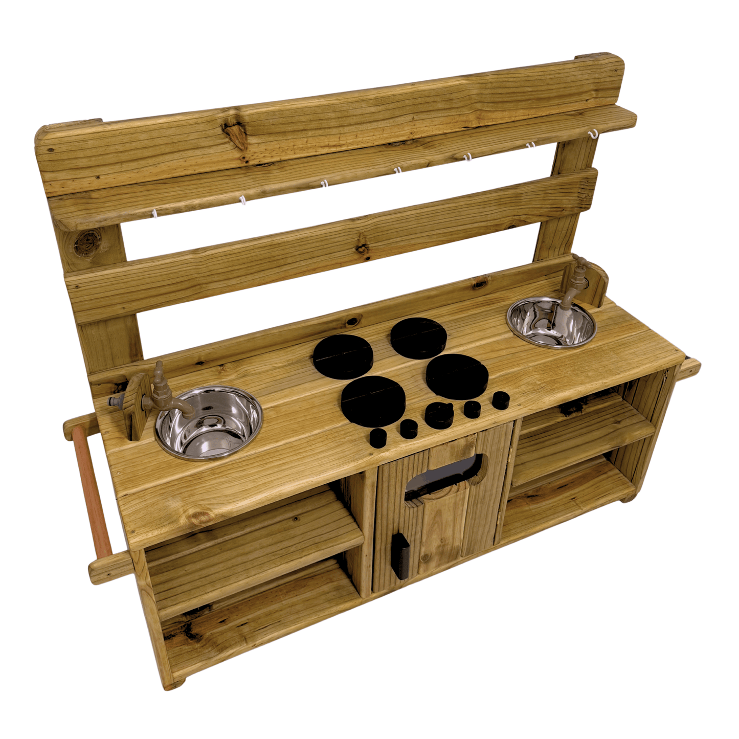 Overhead angle of the handcrafted Double Mud Kitchen with twin stainless-steel sinks and black wooden stove plates.