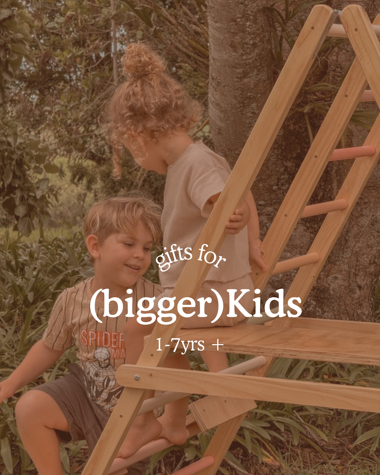 Two young children playing on an outdoor wooden climbing frame under a tree. Text on image reads ‘Gifts for (bigger) Kids, 1–7 yrs +