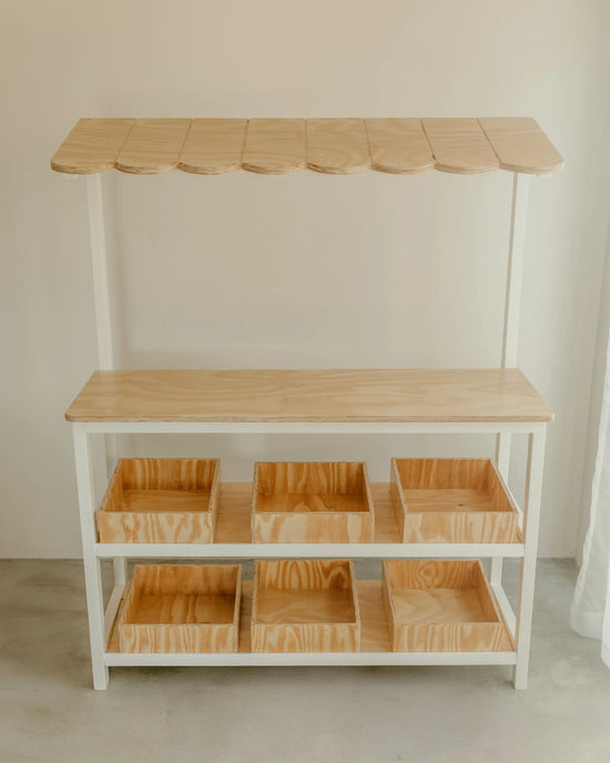 Wooden kids play shop with canopy and six removable bins, front view -handcrafted in South Africa.