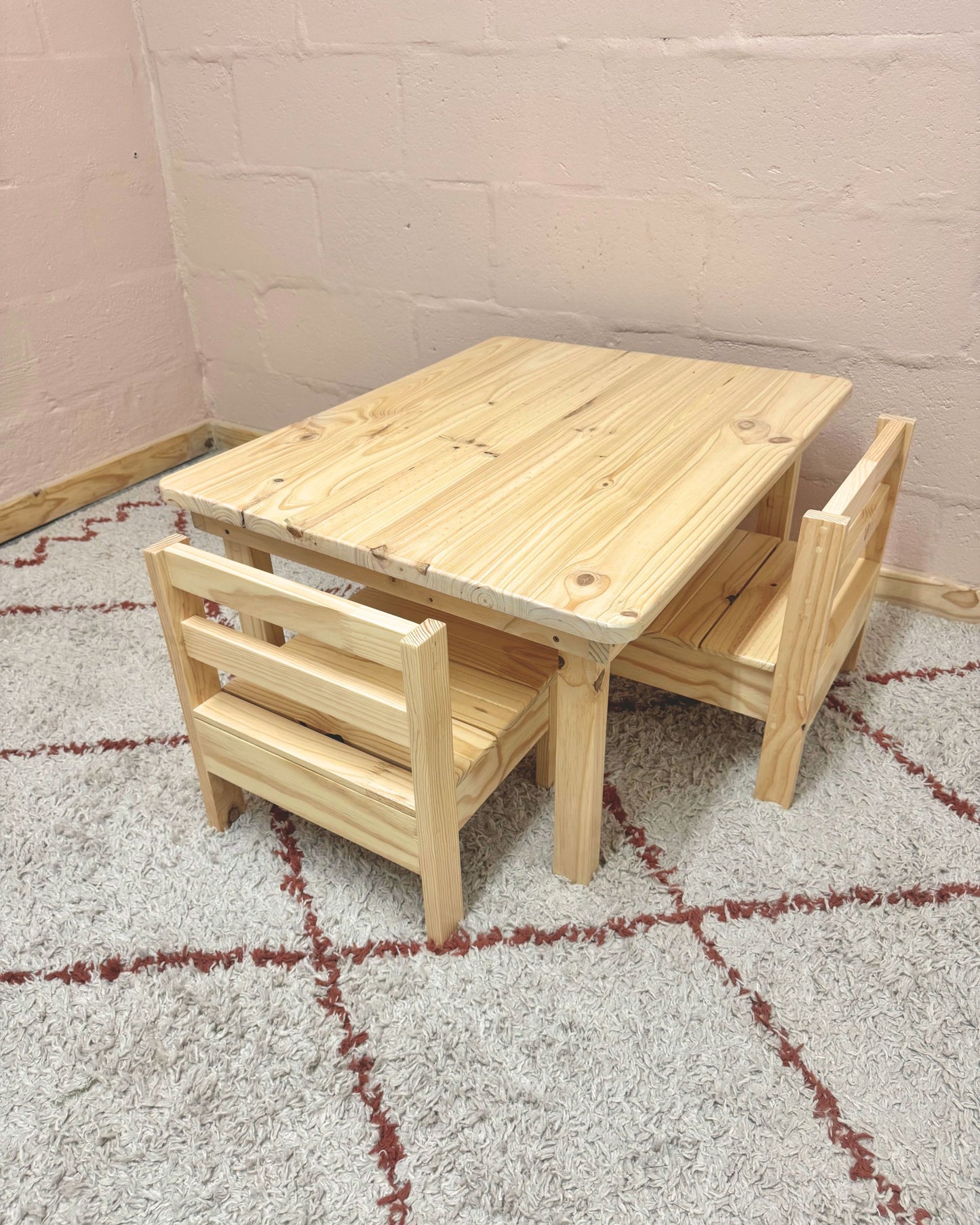 Kids table and chairs set in natural wood for playroom, sturdy handcrafted children's furniture
