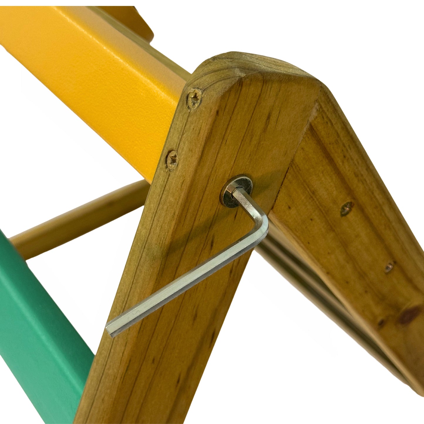 Close up of outdoor Pikler triangle showing simple assembly using an allen key and solid pine construction