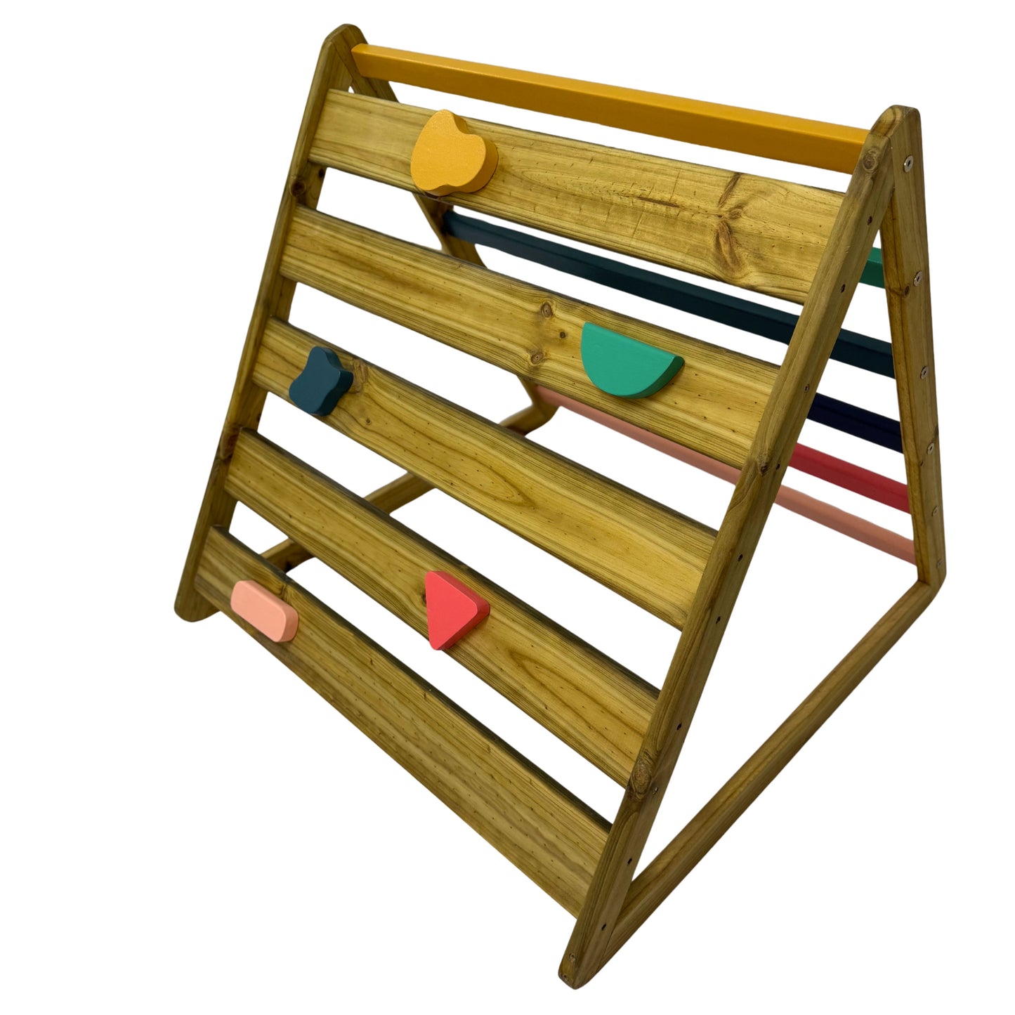 Outdoor Pikler triangle shown at an angle highlighting the wooden climbing wall and colourful holds