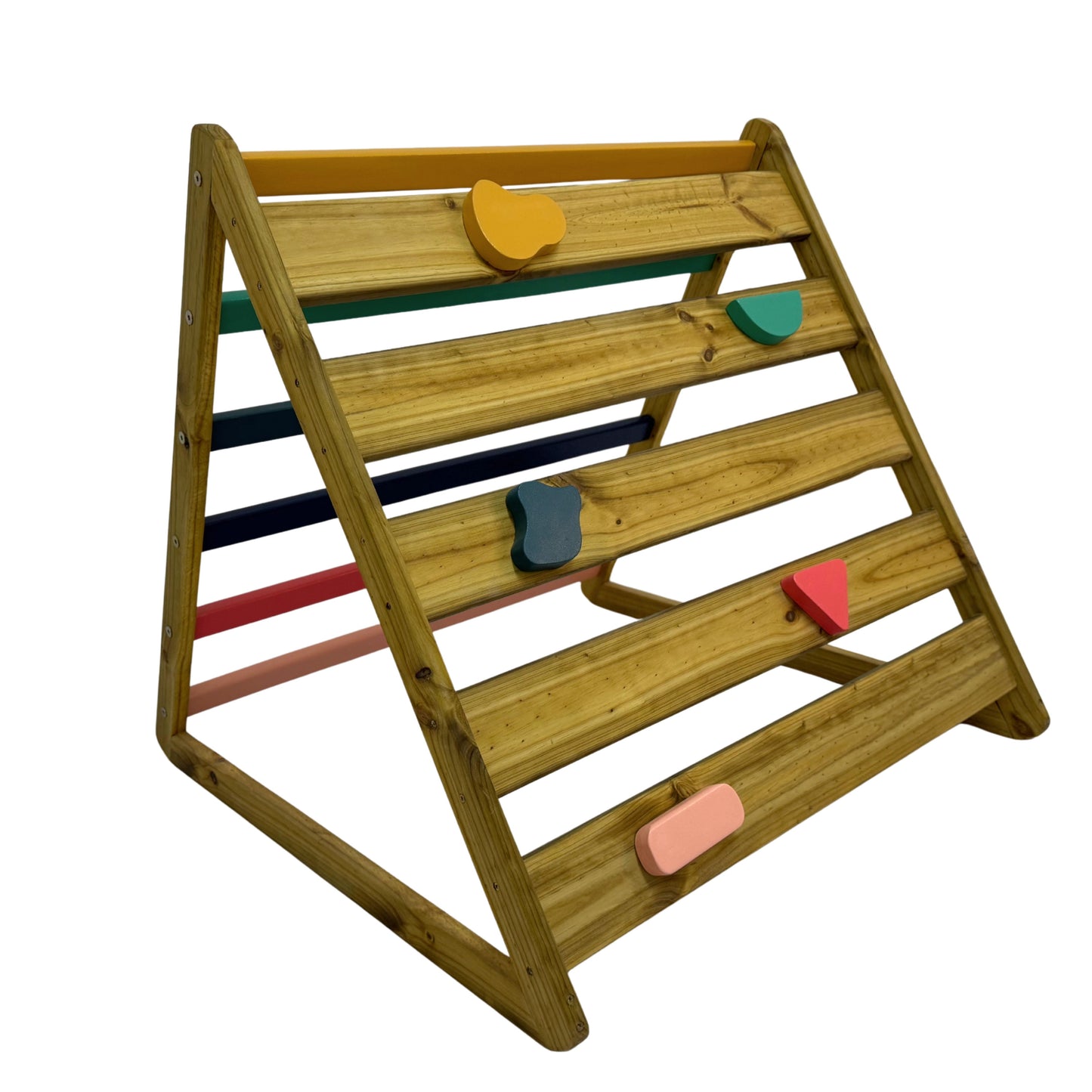 Angled view of outdoor Pikler triangle climbing wall showing sturdy treated pine construction and colourful wooden holds