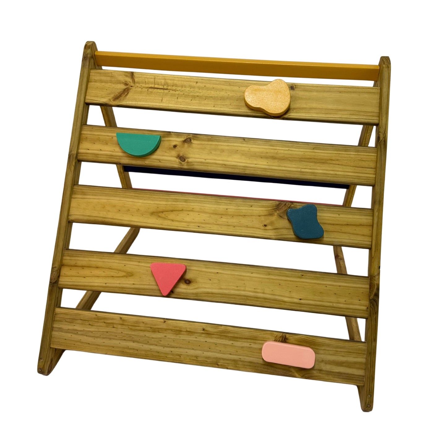 Outdoor Pikler triangle climbing wall with wooden slats and colourful climbing holds for varied outdoor play