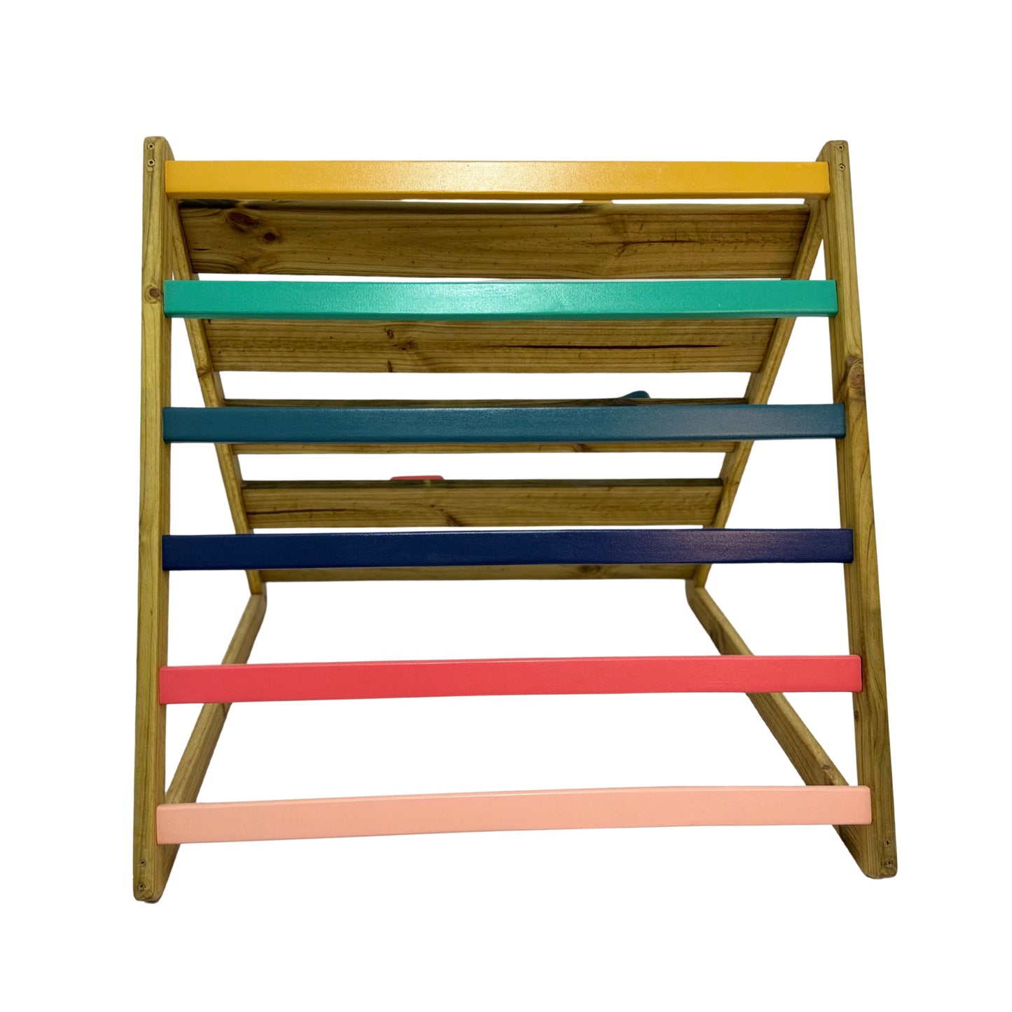 Front view of outdoor Pikler triangle showing evenly spaced coloured wooden rungs on a treated pine frame