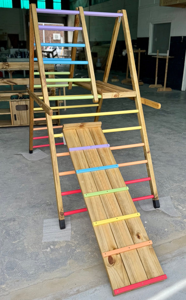 Outdoor Pikler Playground with the reversible ramp in the climbing-ramp position, showing pastel-coloured grip rungs on treated timber and rainbow climbing bars.