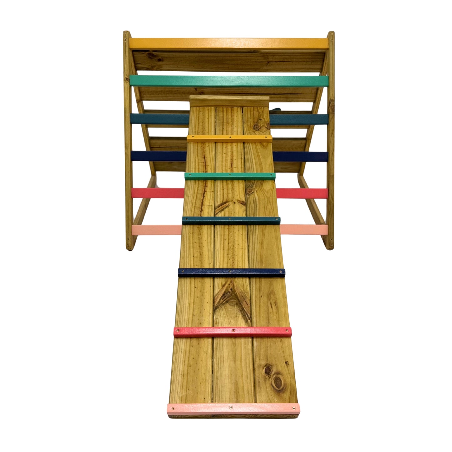 Front view of outdoor Pikler triangle with wooden climbing ramp and coloured slats for confident climbing and balance play