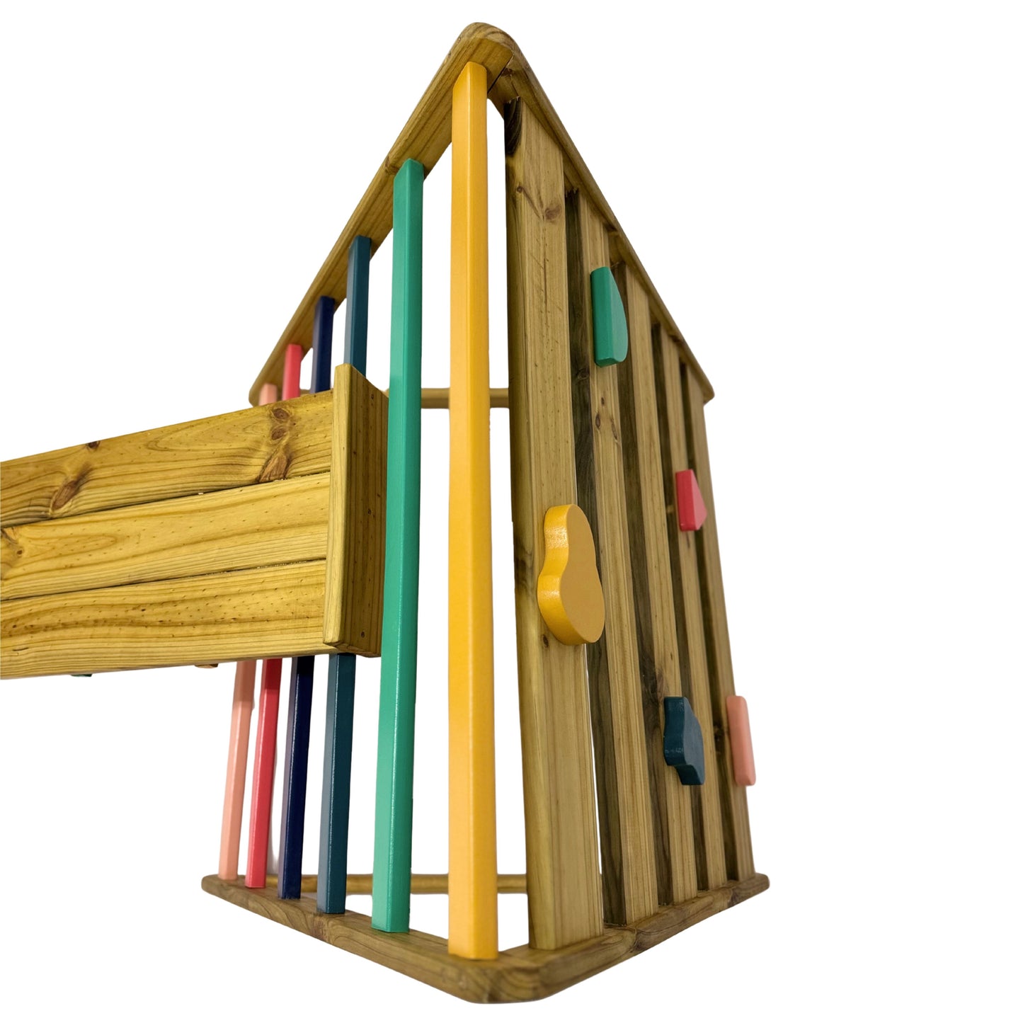 Side view of outdoor Pikler triangle with wooden ramp attached, showing vertical coloured rungs and climbing holds