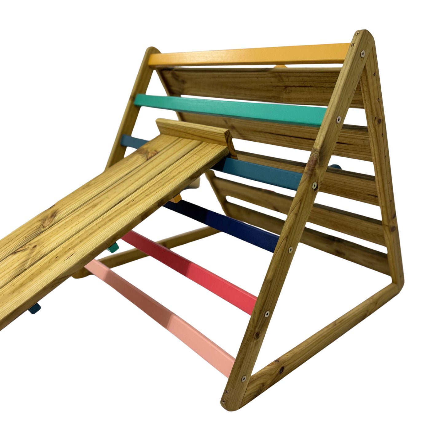 Outdoor Pikler triangle with wooden climbing ramp attached, showing adjustable angles and treated pine construction