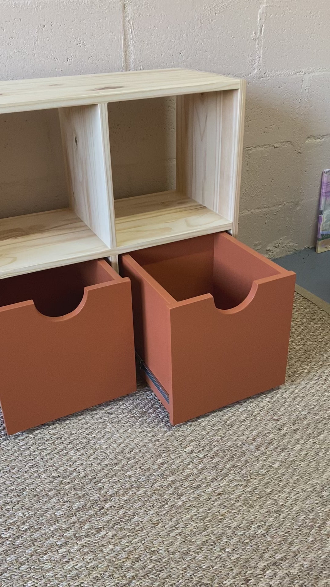 Load and play video in Gallery viewer, Video showcasing smooth-gliding Copper storage boxes opening and closing within a handcrafted cube storage unit
