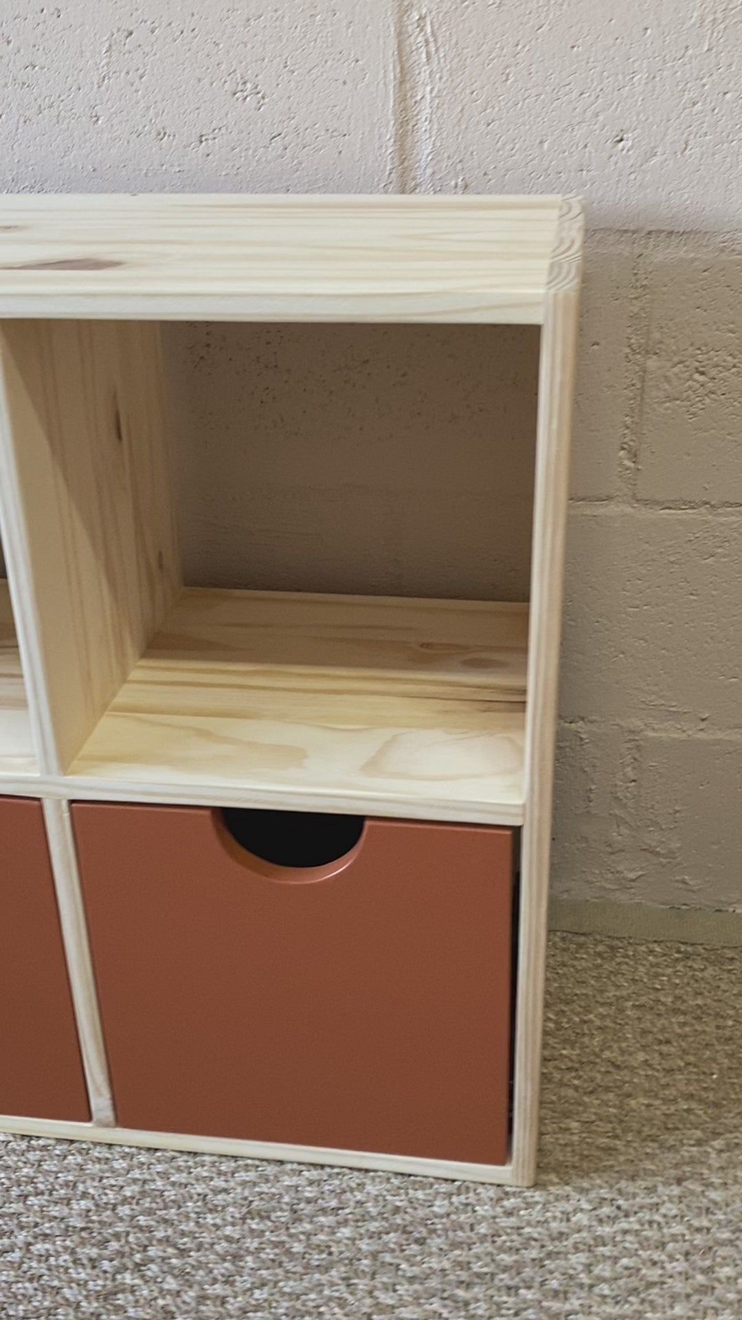 Load and play video in Gallery viewer, Video showcasing the handcrafted 6 Cube Storage Unit with Copper Storage Boxes from front angle
