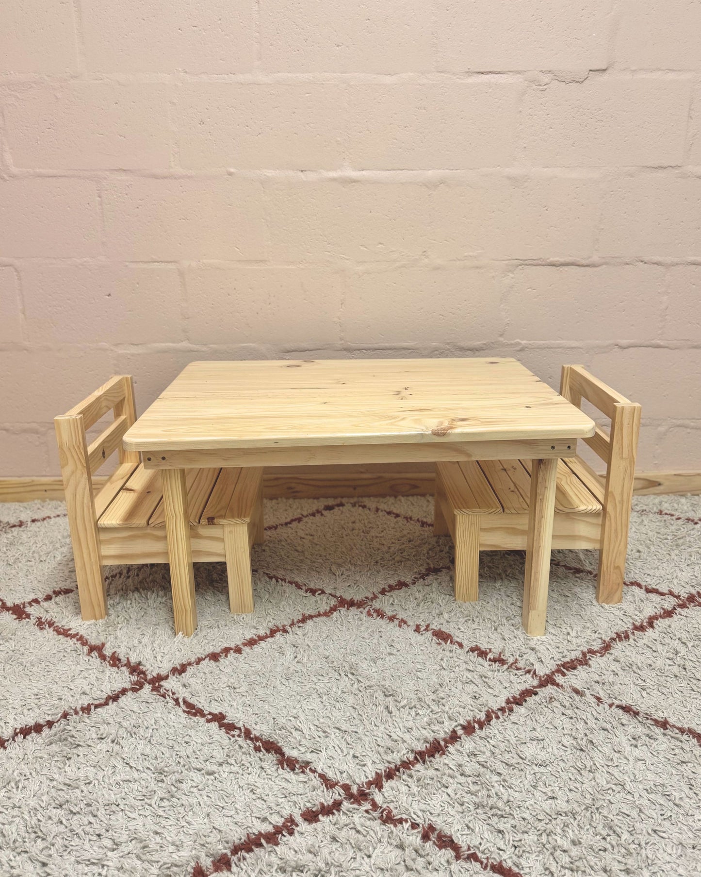 Toddler table and chair set in solid pine wood with two chairs, handcrafted kids furniture South Africa