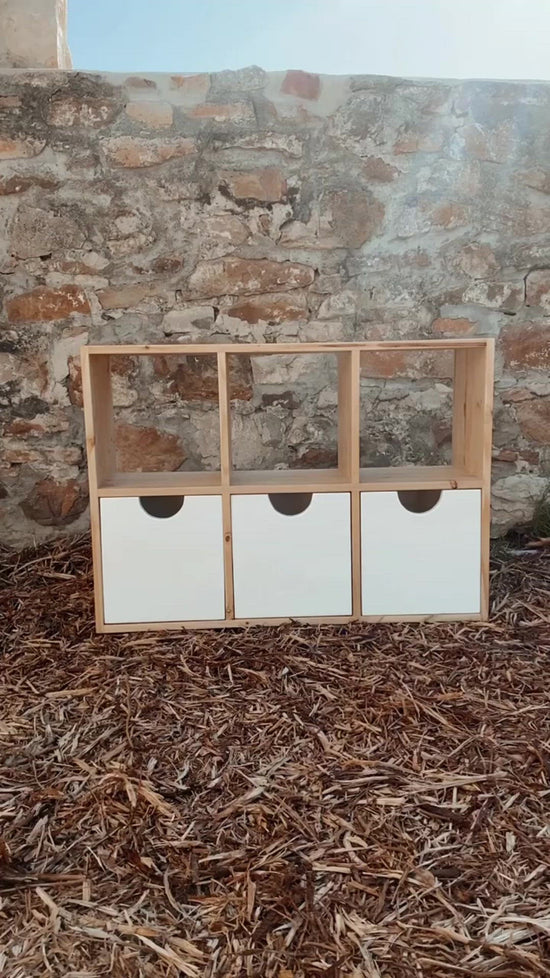 Load and play video in Gallery viewer, Video of 6 Cube Storage Unit with 3 White Pull out Drawers on Sliders
