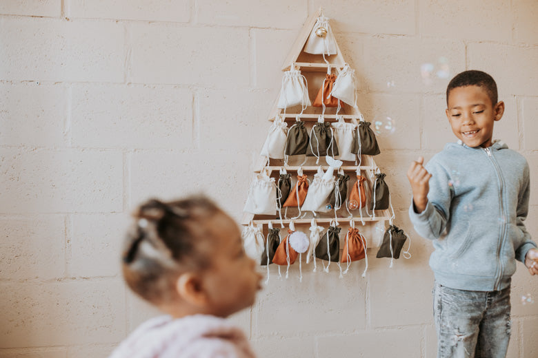 Wooden Advent Calendar Tree with numbered gift bags