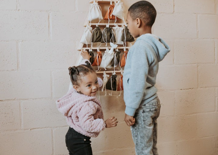 Wooden Advent Calendar Tree with numbered gift bags