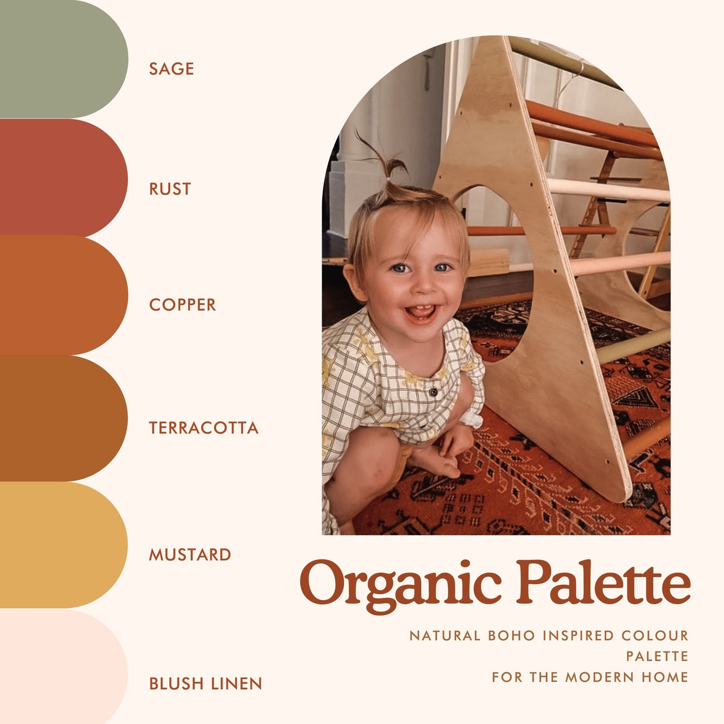 Grandpa's Workshop Organic Colour Palette featuring Sage, Rust, Copper, Terracotta, Mustard and Blush Linen finishes.